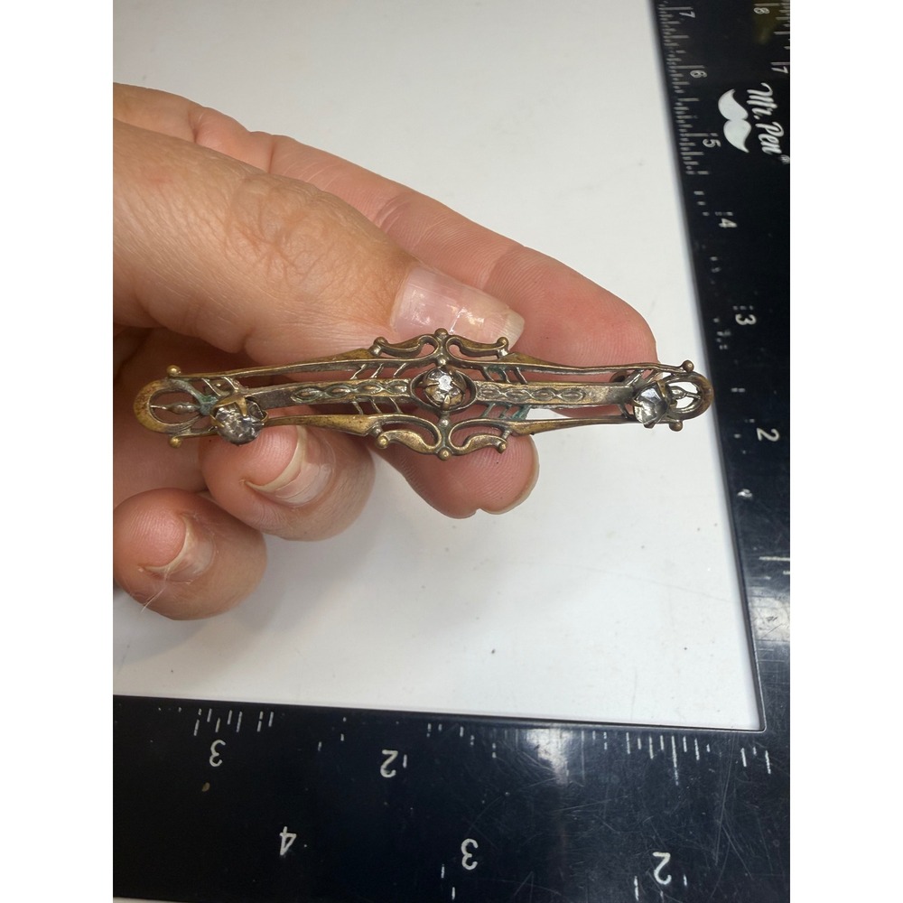 Antique Edwardian Filigree Bar Brooch Two Tone Gold Silver Paste Stone C-Clasp